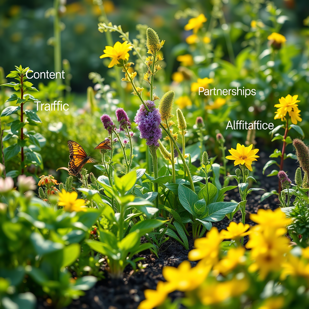 A photorealistic image showing a flourishing garden, with various plants representing different aspects of an affiliate marketing business such as content, traffic, and partnerships. The garden should be well-maintained and thriving, symbolizing long-term growth and sustainability. Use a vibrant and lush color palette with greens and yellows to convey vitality and abundance.