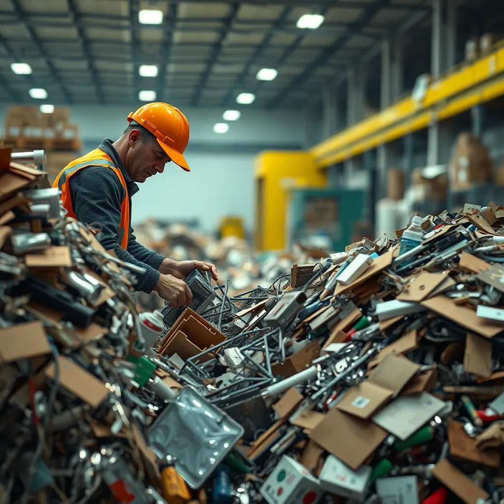 A photorealistic image showing a SAITS4U worker sorting through a pile of junk, separating recyclable materials like metal and cardboard from non-recyclable items. The background shows a clean, organized recycling facility.