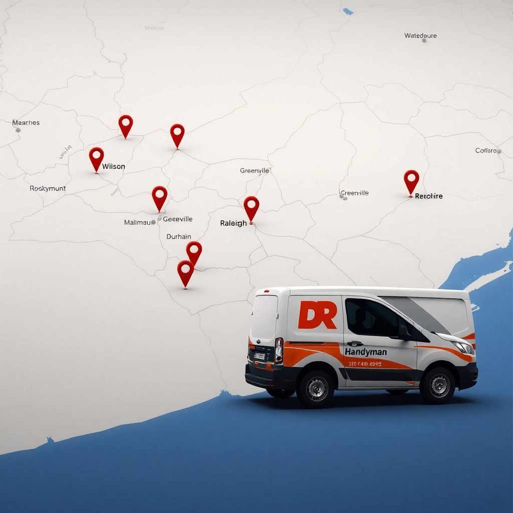 A photorealistic map of eastern North Carolina with markers highlighting the cities of Wilson, Rocky Mount, Greenville, Raleigh, and Durham. The map should be overlaid with an image of a DTR Handyman van, showcasing the company's widespread service area and commitment to reaching customers across the region.