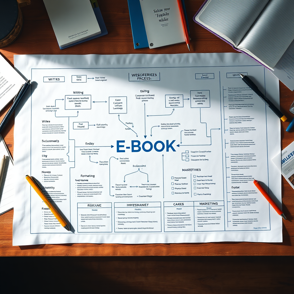 A photorealistic overhead shot of a blueprint for an e-book creation process. The blueprint includes detailed diagrams, flowcharts, and checklists, representing the various stages of writing, editing, formatting, and marketing. The blueprint is laid out on a drafting table with various tools and materials, such as pens, rulers, and notebooks. The lighting is bright and focused, emphasizing the precision and detail of the blueprint.