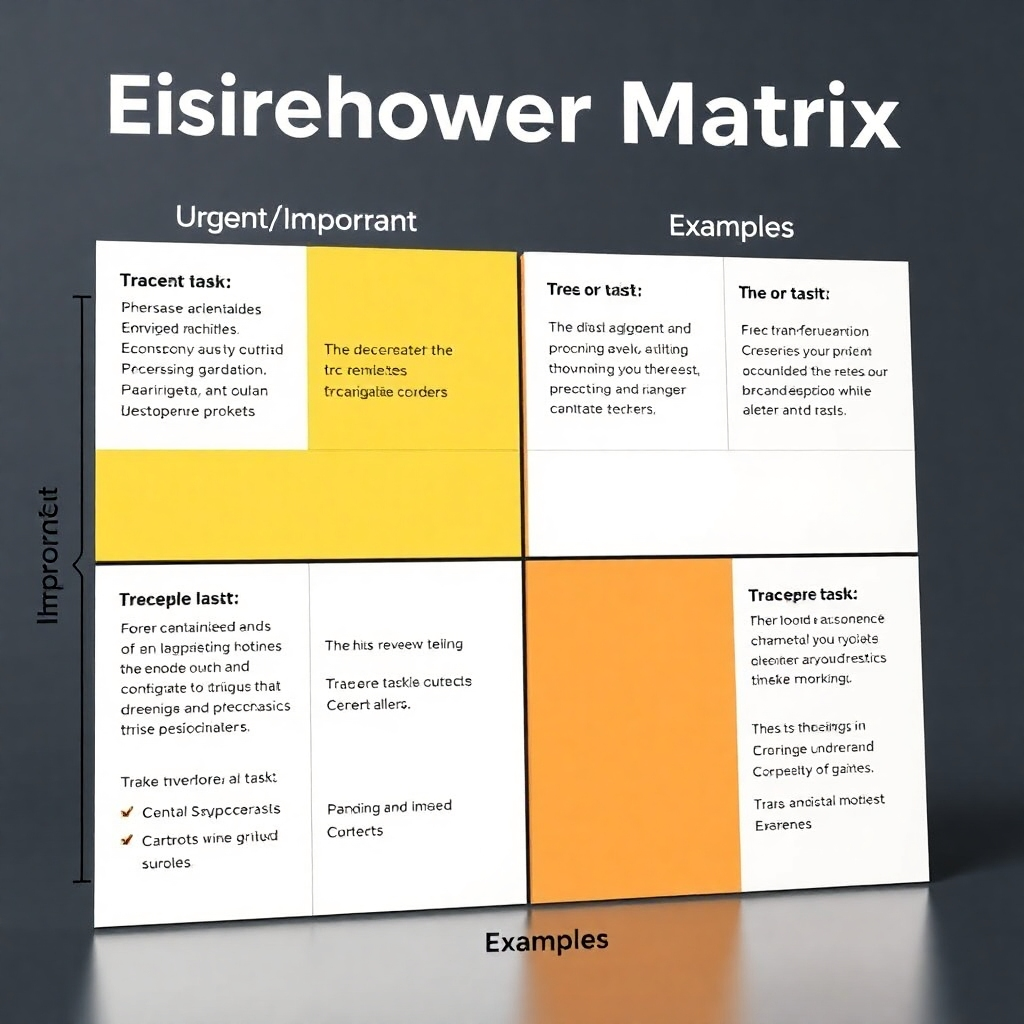 A photorealistic rendering of the Eisenhower Matrix (urgent/important quadrant) with examples of tasks categorized into each quadrant. The quadrants should be clearly labeled and visually distinct.