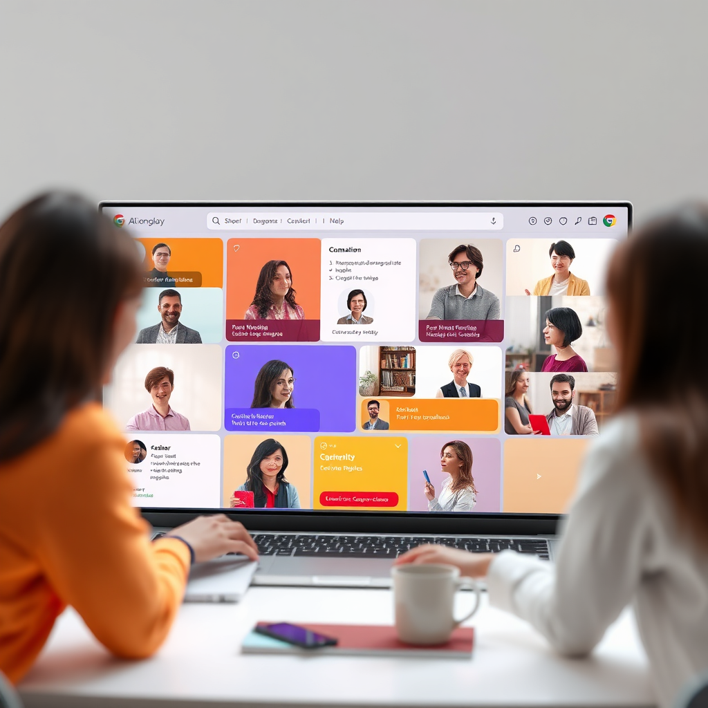 A photorealistic rendering of an online AI community forum interface with multiple users engaged in discussions and sharing resources. The interface should be clean and user-friendly, with a focus on collaboration and knowledge sharing. Use a vibrant color palette to represent the diversity of the community. The lighting should be bright and inviting. This image should convey the sense of connection and collaboration within the AI community. Style: Modern and collaborative. Technical specs: 4K resolution, vibrant colors.