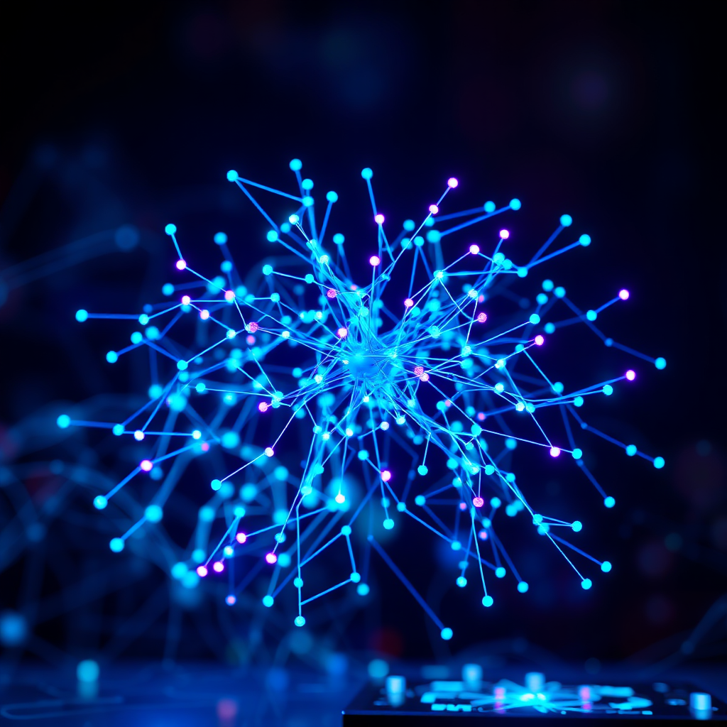 A photorealistic rendering of a complex neural network diagram with glowing connections, symbolizing advanced AI techniques. The background should be dark and abstract, allowing the neural network to stand out. Use a vibrant color palette of blues, greens, and purples to represent the different layers of the network. The lighting should be dramatic, highlighting the intricate details of the connections. This image should convey the complexity and power of advanced AI. Style: Futuristic and technological. Technical specs: 4K resolution, vibrant colors.