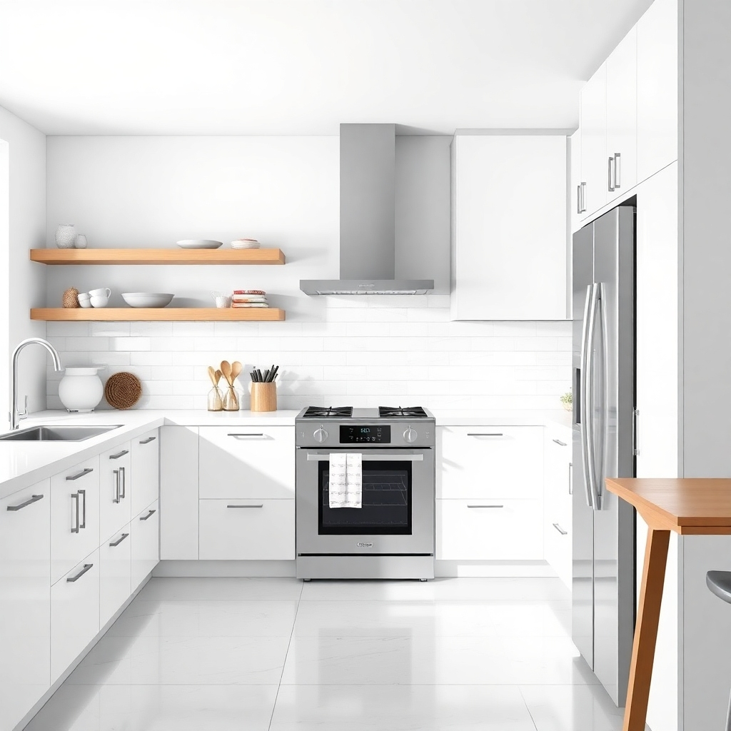 A photorealistic rendering of a modern kitchen with updated appliances, focusing on the clean lines and functionality.  Include details like smart features, if applicable, to showcase the technological advancements.