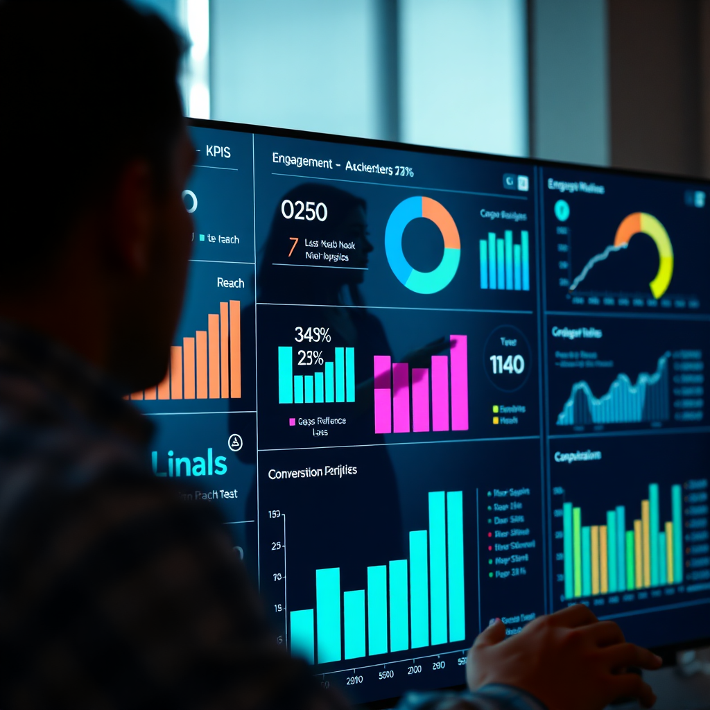 A photorealistic scene of a dashboard displaying key performance indicators (KPIs) for an influencer marketing campaign. Data visualizations, such as charts and graphs, illustrate engagement metrics, reach, and conversion rates. In the background, a subtle silhouette of an influencer interacting with their audience emphasizes the human element behind the data. Lighting is clean and professional, highlighting the clarity of the data visualizations. Color palette is modern and data-driven, with a focus on clear and concise presentation. Camera angle is a close-up shot of the dashboard, emphasizing the key metrics. Texture details should be hyperrealistic, showcasing the details of the screen and the data visualizations. Style reference: a blend of data visualization aesthetics and modern marketing analytics. 8K resolution.