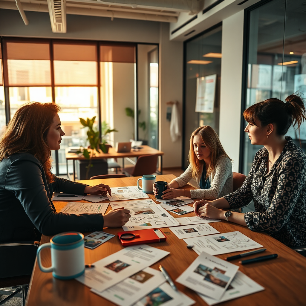 A photorealistic scene of an influencer collaborating with a brand representative, brainstorming content ideas in a modern office setting. Storyboards and concept sketches are scattered on the table, illustrating the creative process. Lighting is warm and collaborative, creating a sense of partnership. Color palette is vibrant and inspiring, reflecting the energy of the creative process. Camera angle is an eye-level shot, capturing the interaction between the influencer and the brand representative. Texture details should be realistic, showcasing the details of the office environment and the creative materials. Style reference: a blend of modern office aesthetics and artistic collaboration. 8K resolution.
