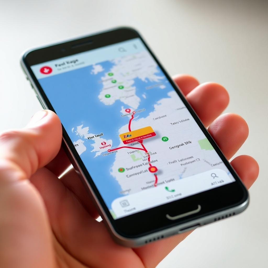 A photorealistic shot of a smartphone displaying a detailed map with real-time tracking of a package, showing its progress along its designated route. The map should be dynamic, updating constantly with package location data. The phone should be held in a realistic hand.