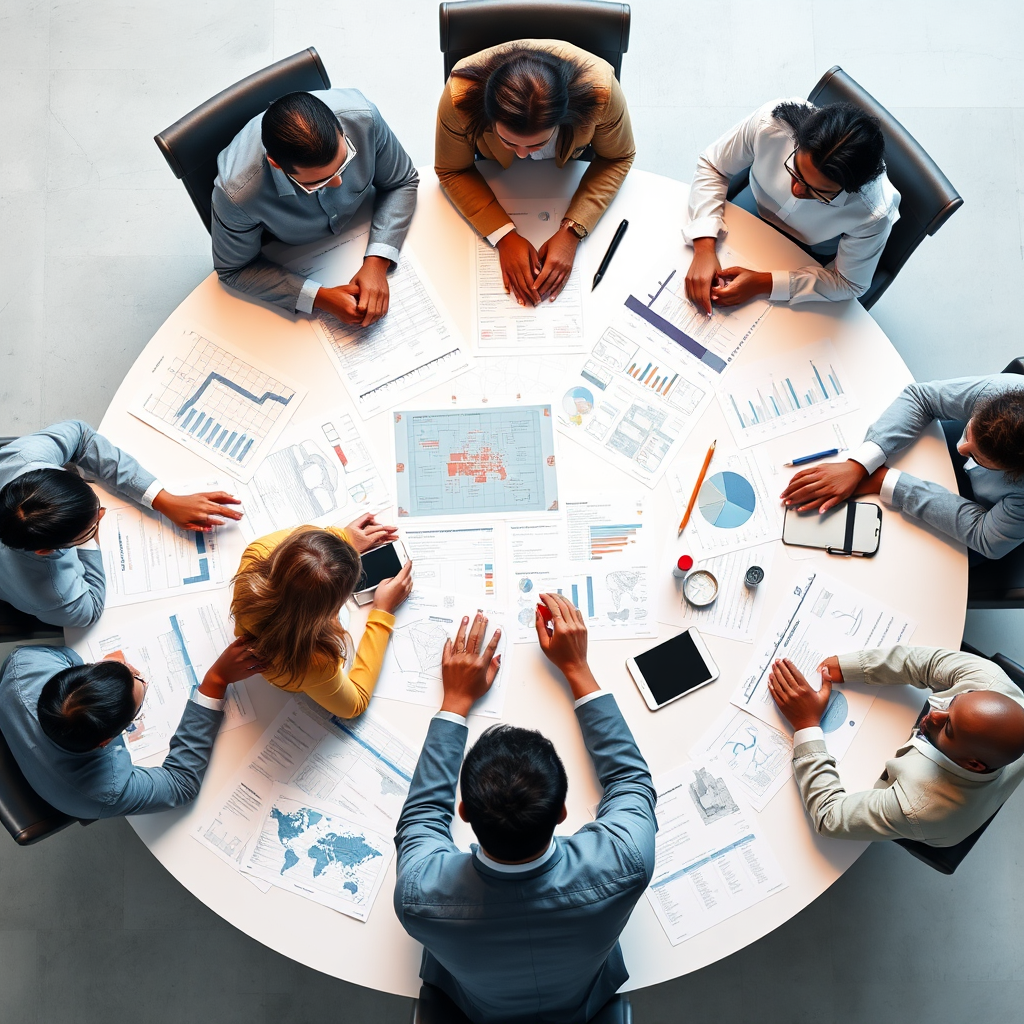 A photorealistic, top-down view of a conference table covered in blueprints, strategy maps, and data reports. A group of diverse entrepreneurs are gathered around the table, engaged in intense discussion and brainstorming. The lighting should be bright and even, highlighting the details of the documents. The color palette should be dominated by blues, grays, and whites, with accents of red to symbolize urgency and importance. The camera angle should be directly overhead, providing a clear and comprehensive view of the scene. The style should be hyperrealistic, emphasizing the texture details of the documents and the expressions on the entrepreneurs' faces. The overall image should convey the message that strategic planning is essential for successful negotiation.
