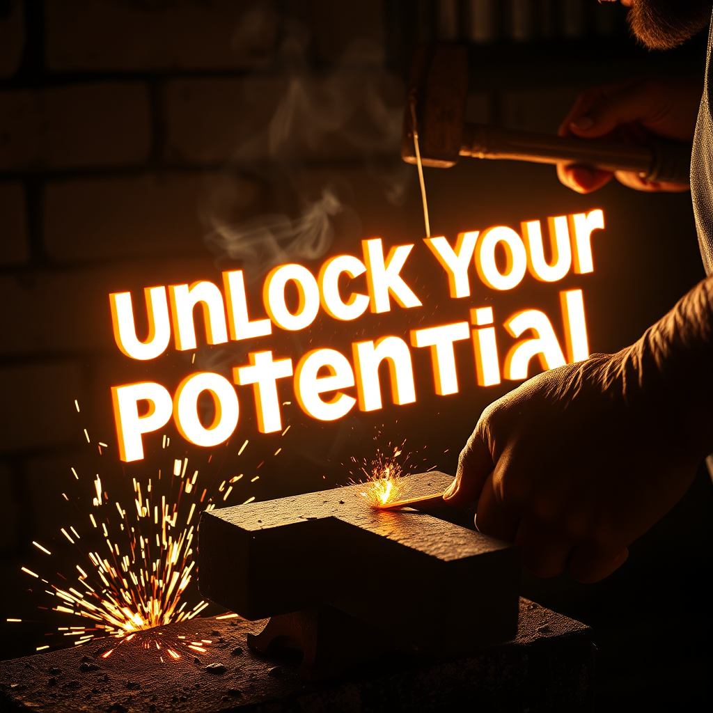 A photorealistic, ultra-high definition (8K) image depicting a blacksmith's forge. Instead of forging metal, the blacksmith is meticulously crafting a glowing headline with his hammer and anvil. Sparks fly as he shapes the words. The headline itself should be legible and attention-grabbing, perhaps something like "Unlock Your Potential." The forge is dimly lit, with the light primarily emanating from the glowing headline and the hot metal. The camera angle is close, focusing on the blacksmith's hands and the creation of the headline. The textures should be highly detailed, showcasing the ruggedness of the forge and the smoothness of the newly formed headline. The style should be reminiscent of classic blacksmithing imagery, but with a modern twist to represent the art of crafting headlines. This image symbolizes the hard work and precision involved in creating effective headlines.