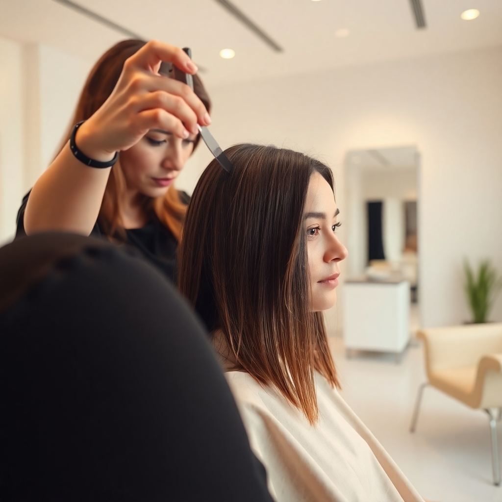 A photorealistic, ultra-high definition (8K) image depicting a young woman with shoulder-length brunette hair receiving a haircut from a stylist in a modern, minimalist salon.  The lighting is soft and diffused, creating a warm and inviting atmosphere. The color palette is natural and earthy, with warm browns and beige tones dominating the scene. The camera angle is slightly elevated, looking down at the client and stylist. The stylist's hands are visible, precisely working with the hair. The hair appears sleek and healthy with a natural shine. The texture of the hair is smooth and glossy.  The background features clean white walls and sleek modern furniture.  The overall mood is calm, sophisticated, and professional. The style should evoke a sense of precision and artistry, reminiscent of the work of Annie Leibovitz in terms of composition and lighting.  The image should be hyperrealistic, with ultra-detailed textures and reflections.