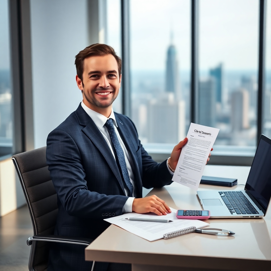 A photorealistic, ultra-high quality 8K image depicting a professional tax consultant, dressed in a sharp business suit, sitting at a modern desk in a bright, minimalist office. Soft diffused lighting illuminates the scene, casting gentle shadows. The color palette is sophisticated, with muted blues, grays, and whites. The consultant is smiling warmly and looking directly at the camera, holding a completed tax return document. On the desk, there's a laptop displaying a tax software interface, a calculator, and a neatly organized file folder labeled 'Client Tax Documents'. The background is slightly blurred but shows a sleek cityscape view through a large window. The camera angle is a slightly high-angle medium shot, focusing on the consultant and documents. The image should have a professional and trustworthy feel, in the style of a high-end corporate portrait photographer, emphasizing texture and detail in the clothing, documents, and office space. Render details such as the subtle textures of the paper and the gleam on the laptop screen, aiming for hyperrealistic quality and depth.