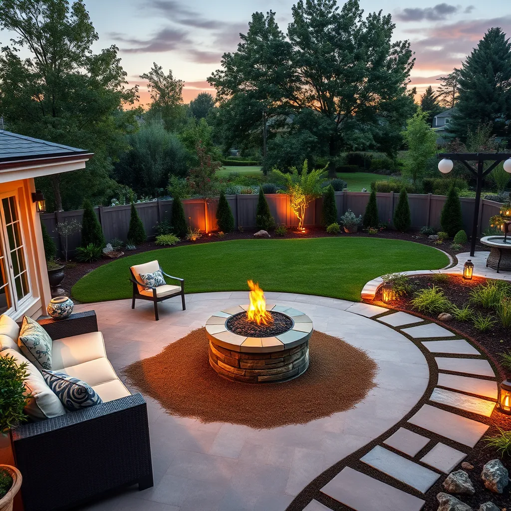 A picturesque image of a backyard oasis, showcasing a spacious patio with comfortable outdoor furniture, a fire pit area with seating, lush green lawns, and a well-maintained vegetable garden. The image should also highlight the integration of hardscaping elements such as stone pathways, a water fountain, and decorative lighting.