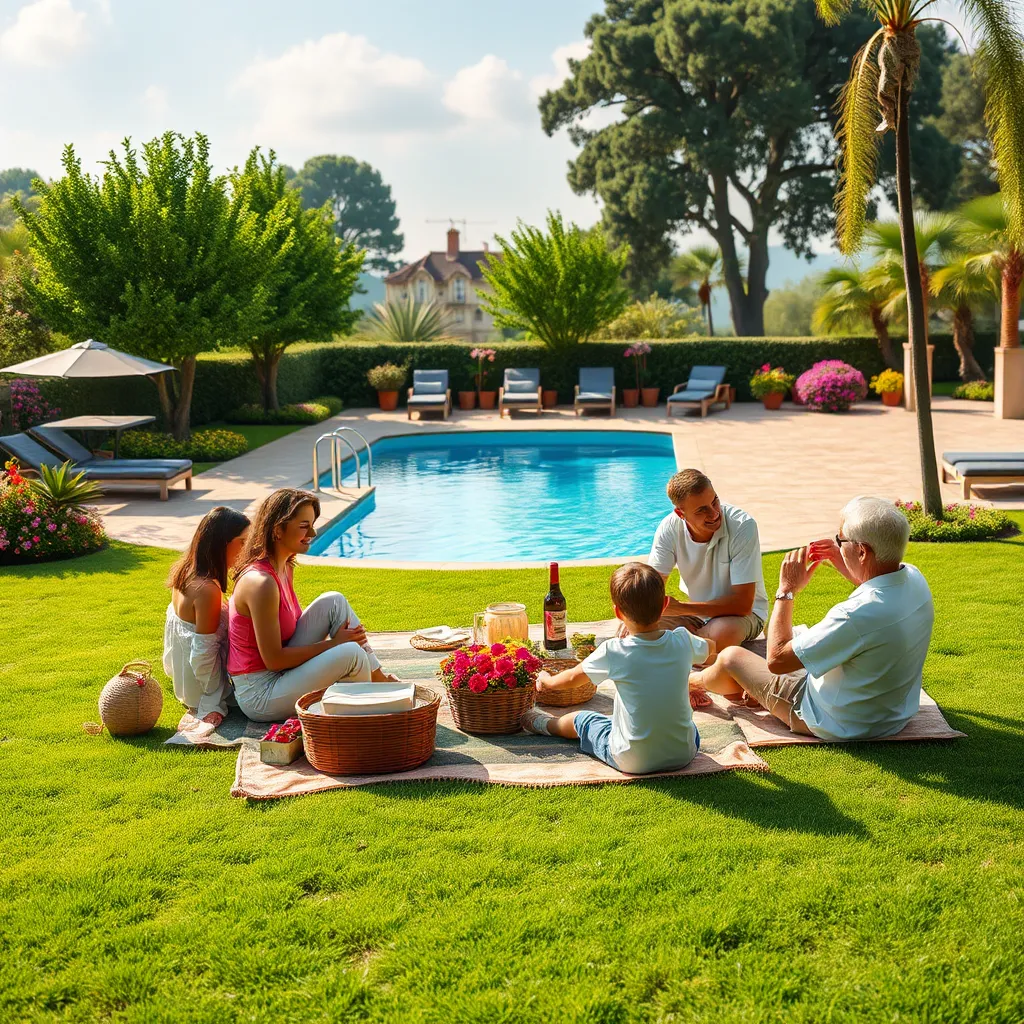 A picturesque image of a family picnicking on a sprawling green lawn with a sparkling blue pool in the background, showcasing a lush, manicured lawn with vibrant flowers and a comfortable seating area.