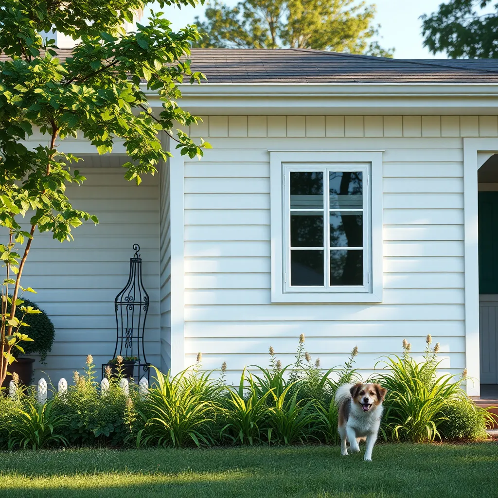 A picturesque scene of a house with a freshly cleaned white siding, lush green plants, and a dog happily playing in the yard. The image should highlight the harmonious coexistence of a pristine home with a healthy environment.