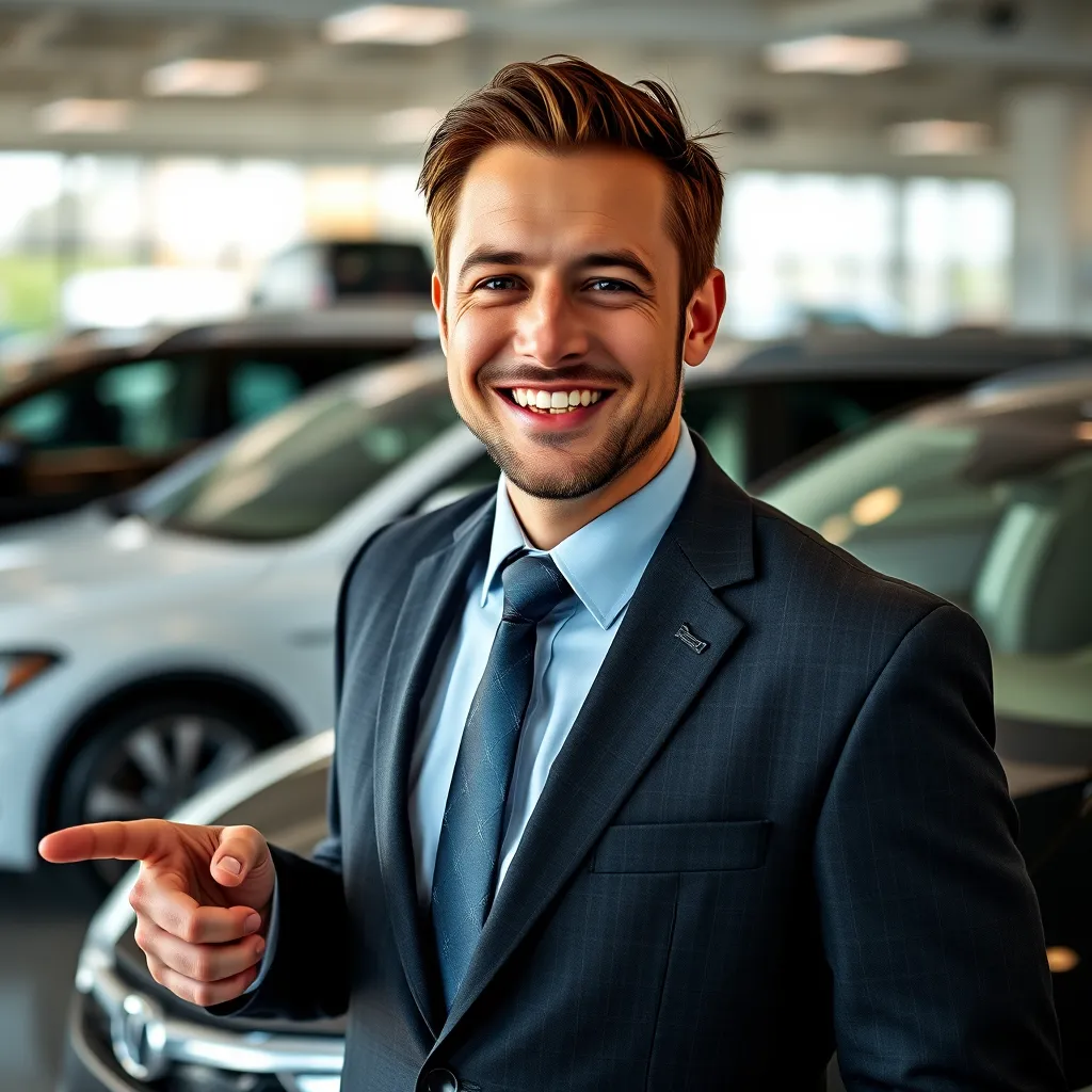 A portrait of Clay Franks, a friendly car salesman, standing in a car dealership showroom, smiling and pointing to a new car on display. He's wearing a suit and tie, and the background is filled with various car models.