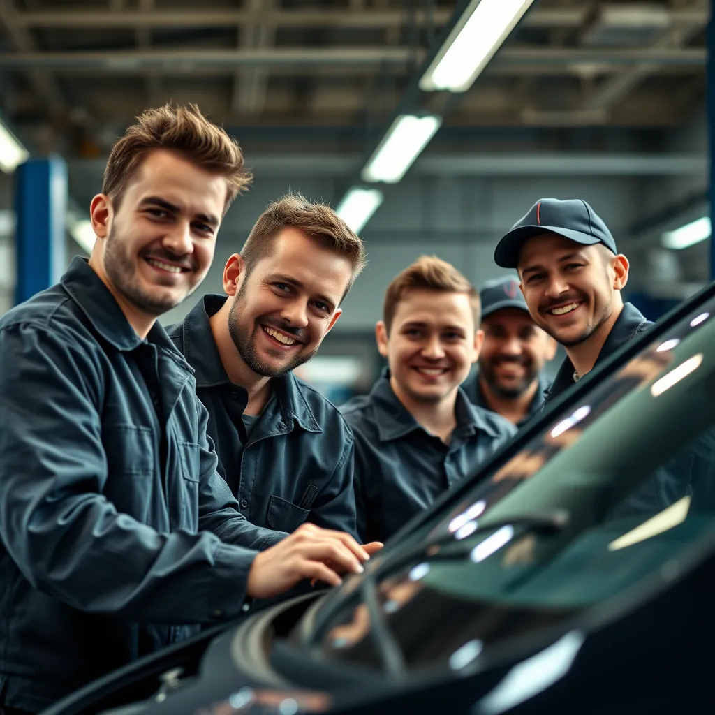 A portrait shot of a group of smiling mechanics in uniform, working on a car. The image should emphasize their expertise and professionalism, showcasing their knowledge and skills in automotive repair.