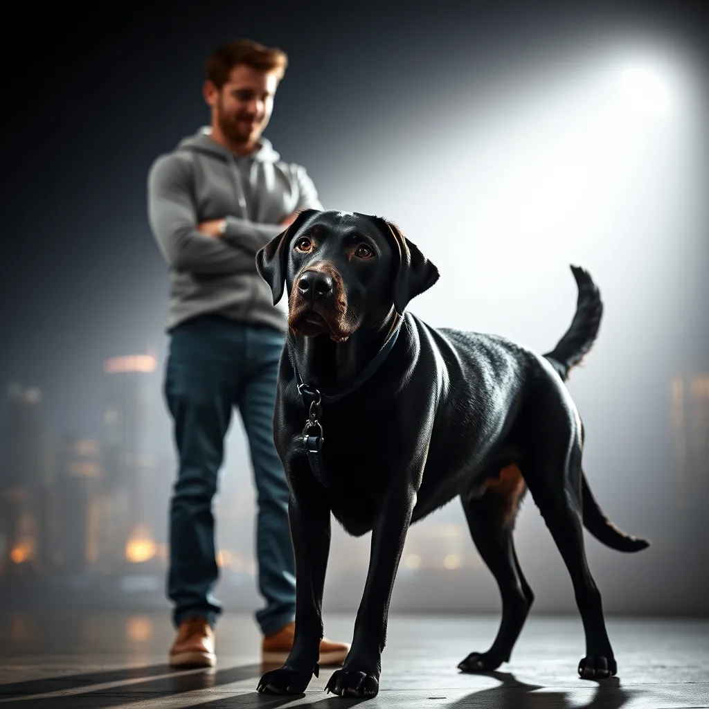 A powerful and dynamic image in a dramatic lighting scheme, with a high contrast between light and shadow. A black Labrador Retriever, previously exhibiting a fearful posture, now stands confidently with its tail wagging and its eyes focused on its owner. The owner stands calmly beside the dog, offering gentle encouragement and a reassuring hand on the dog's shoulder. The background features a blurred, out-of-focus cityscape, symbolizing the dog's transition from anxiety to calm. The image evokes a sense of progress, resilience, and positive transformation. Hyperrealistic, 8K resolution, emphasizing the dog's physical change and emotional shift.