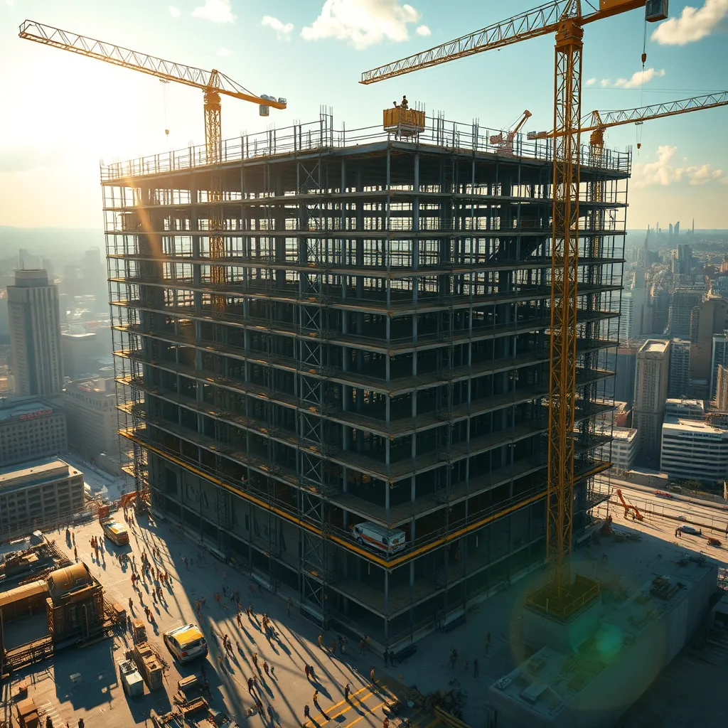 A powerful and dynamic image of a large commercial building under construction. Show a vast, open space filled with scaffolding, cranes, and workers.  The sunlight should be dramatic and dramatic, casting long shadows across the site.  Focus on the sheer scale of the project, the intricate details of the steel frame, and the bustling activity of the construction crew. The background should be a bustling cityscape, emphasizing the project's urban context. Render this image in a cinematic style, with a wide-angle perspective and a sense of depth and grandeur.