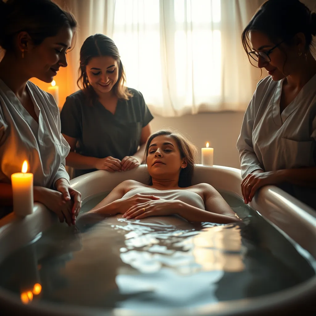 A powerful and intimate scene depicting a woman in active labor, surrounded by a team of midwives. The woman is comfortably positioned in a birthing tub filled with warm water, with the midwife gently supporting her as she navigates the contractions. The room is bathed in a soft, candlelit glow, creating a serene and calming atmosphere. The midwives' faces radiate compassion and expertise, providing comfort and encouragement.  A hyperrealistic image, captured in a low angle, showcasing the strength and beauty of the laboring woman. Rendered in a muted, warm color palette, highlighting the natural elements of water and light. The focus should be on the woman's expression and the midwives' supportive presence, capturing the power and intimacy of childbirth. 