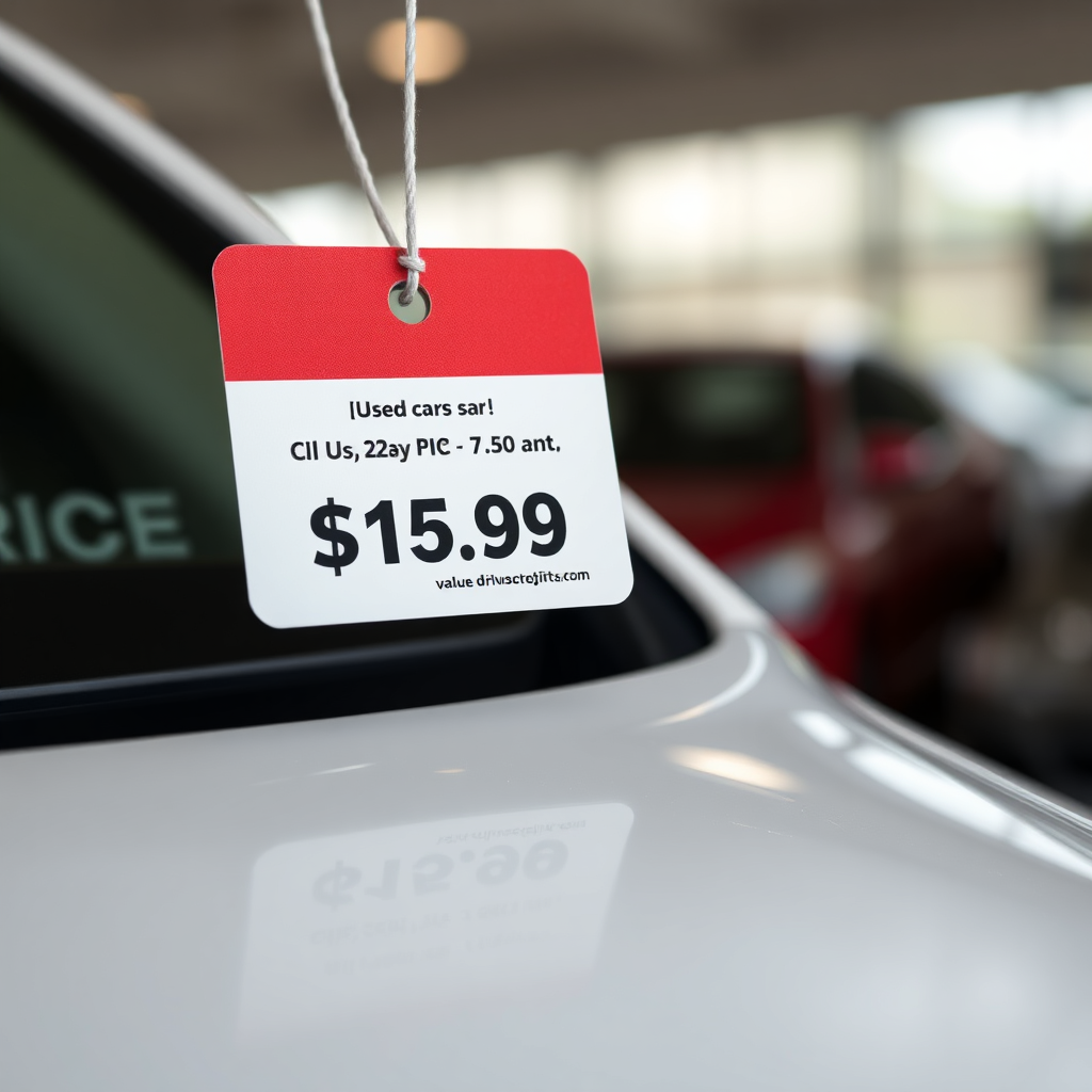 A price tag on a used car displaying a competitive price. The background should be slightly blurred, highlighting the price. Use a clean and straightforward aesthetic. The lighting should be bright and focused. Style: Value-driven and transparent. Technical specs: 4K resolution, high quality.