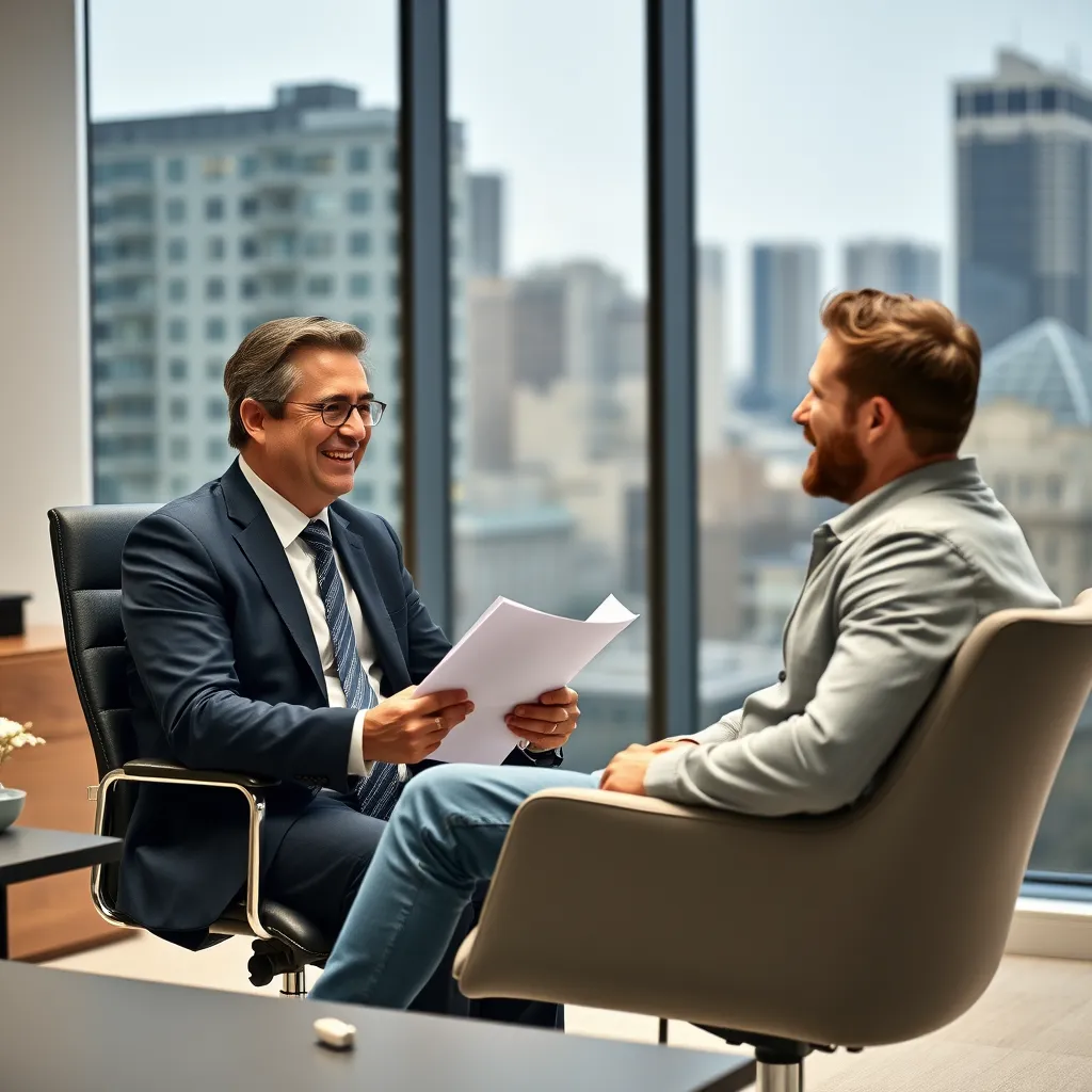 A professional, friendly lawyer in a suit, sitting at a desk and talking to a person in casual clothes who is sitting in a chair across from them. The lawyer is holding a file and smiling, while the person looks hopeful and relieved. The office is clean and modern, with a window overlooking a cityscape in the background.