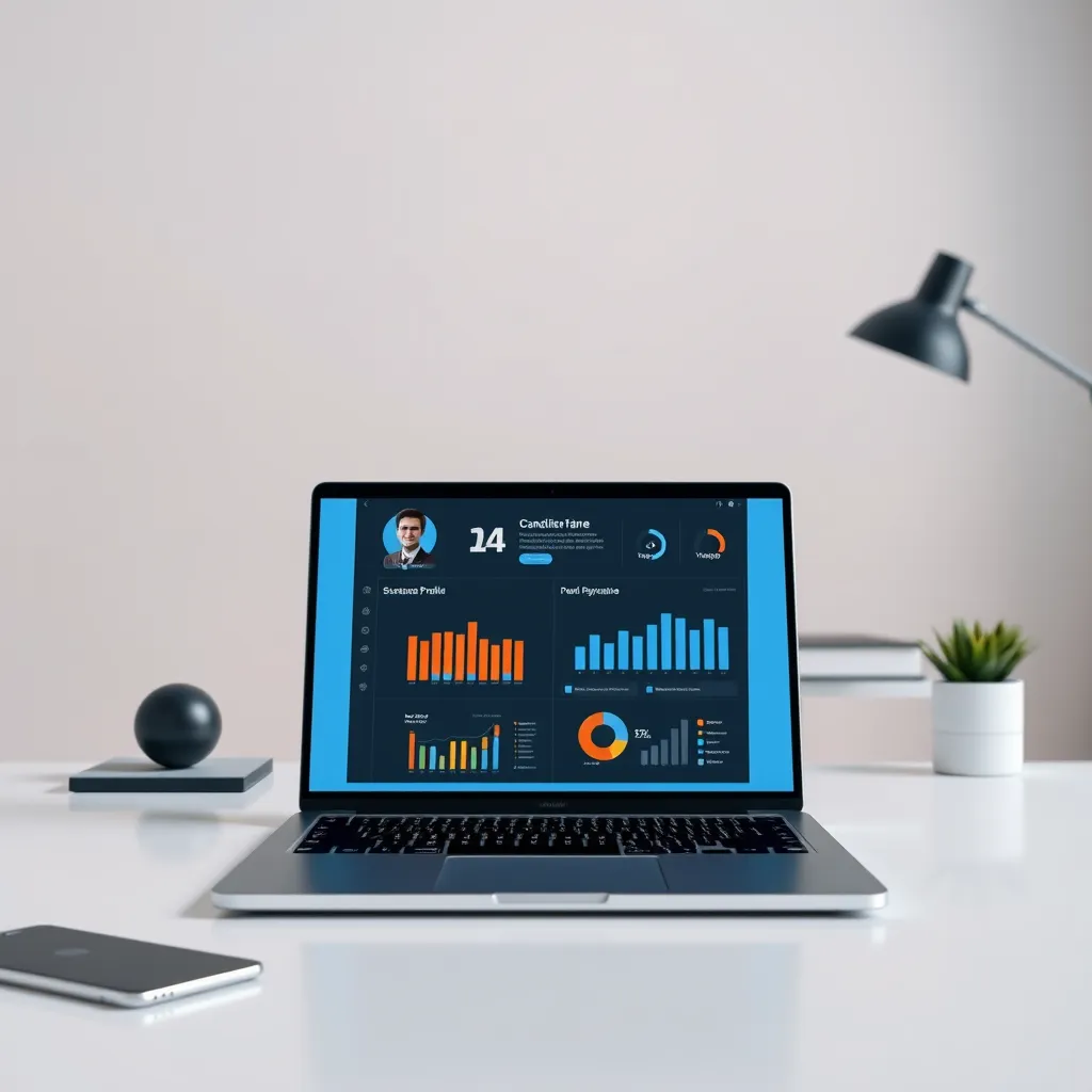 A professional, minimalist workspace with a sleek laptop displaying a candidate profile on the screen. The image should focus on the laptop, showcasing a comprehensive assessment tool with interactive graphs, charts, and data visualizations representing the candidate's skills, experience, and personality traits. The workspace should be illuminated by soft diffused lighting, creating a clean and focused environment. The color palette should be neutral and professional, emphasizing the data-driven nature of the assessment process. The image should depict a sense of precision, accuracy, and objectivity, reflecting the thoroughness of the assessment methodology.  Render the image with ultra-detailed textures, capturing the intricacies of the laptop's design, the screen's display, and the surrounding elements.  The image should convey a sense of confidence and trust, reinforcing the reliability of the assessment process. Render the image in 8K resolution with a cinematic depth of field, emphasizing the details of the laptop and assessment tools while blurring the background for a focused presentation.  