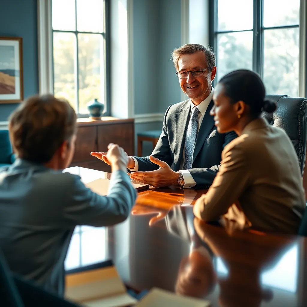 A professional, warm, and welcoming scene. A lawyer in a sharp suit, seated at a polished wooden desk in a modern office, warmly extending a hand towards a concerned-looking individual sitting opposite them. Natural light streams through large windows behind the lawyer, creating a soft diffused glow. The room is decorated with calming colors like blues and greens, featuring elegant artwork on the walls. The focus is on the lawyer's open, approachable demeanor and the individual's hopeful expression. Capture the sense of trust and reassurance. Render in ultra-realistic detail with 8K resolution, ensuring the textures of the suit, wood, and skin appear lifelike.