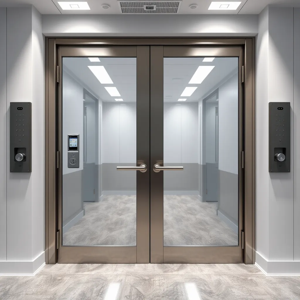 A professional and modern office setting with a secure, double-door entrance. The doors should have sophisticated locks and access control systems, showcasing the professionalism and security expertise of a commercial locksmith. The image should convey trust and reliability.