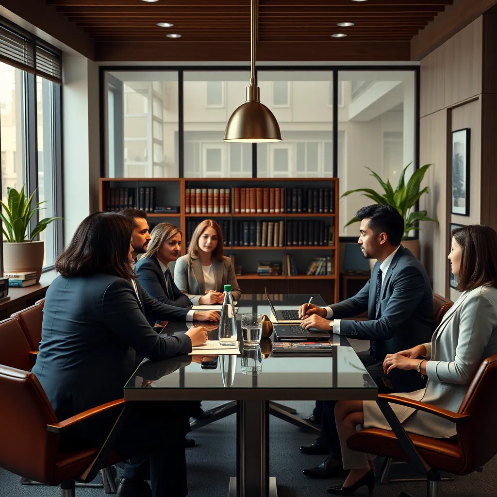A professional and welcoming law firm office with a diverse group of lawyers seated around a table, engaged in a discussion with a client. The atmosphere should be warm and inviting, highlighting the personalized attention they provide.