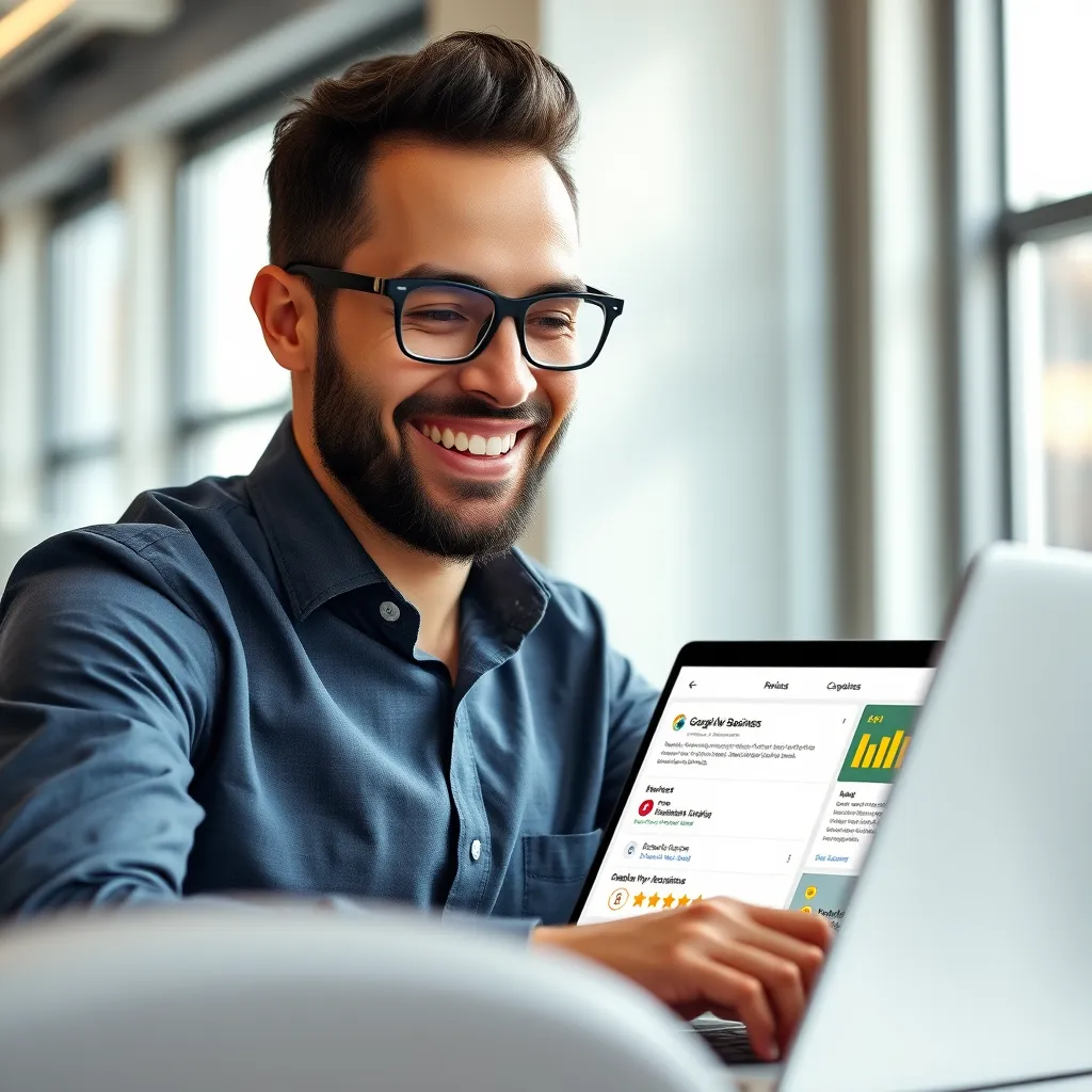 A professional business owner smiling while looking at their laptop, which displays a Google My Business profile with positive reviews and a high star rating. The background is a modern office with natural light.