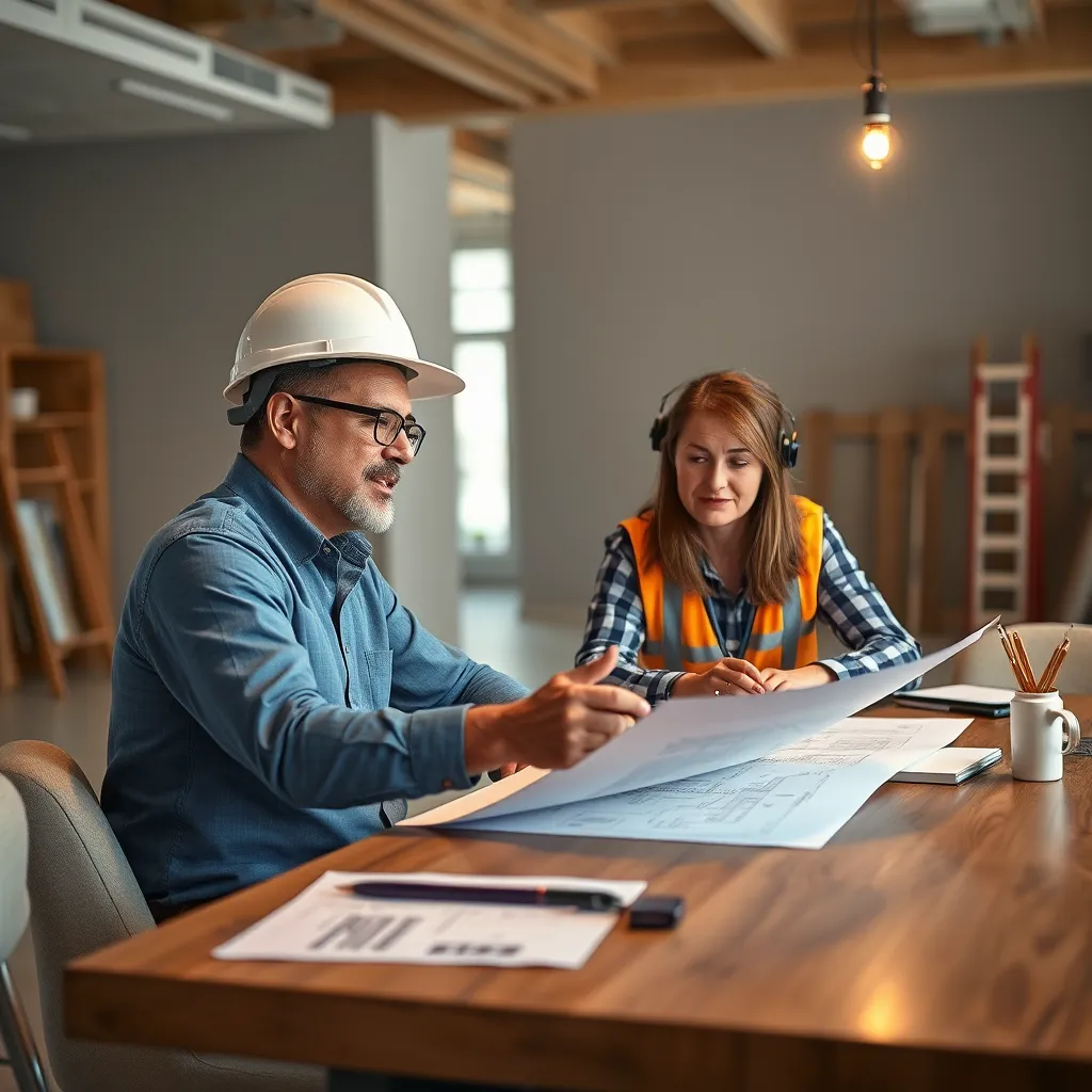 A professional construction manager sitting at a table with a client, reviewing blueprints and discussing project details. The image should depict a friendly and collaborative atmosphere, showcasing the importance of client satisfaction and communication in the construction process.
