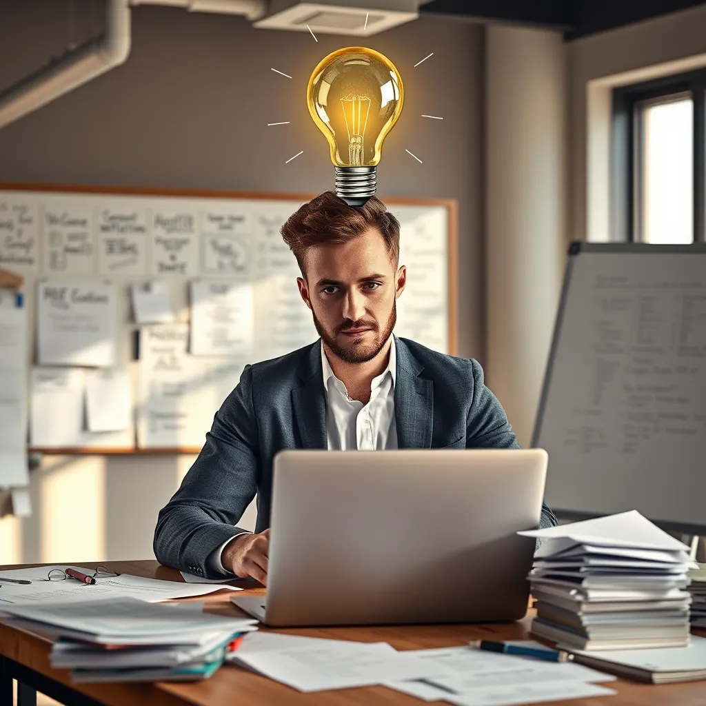 A professional copywriter sitting at a desk with a laptop, surrounded by papers and a whiteboard filled with ideas, with a lightbulb above their head representing inspiration and creativity. The background is a modern office setting with natural light streaming in.