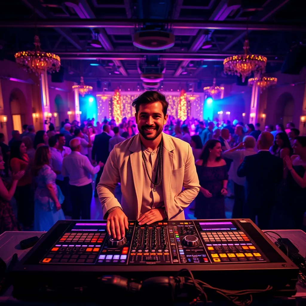 A professional DJ standing behind a mixing console, surrounded by vibrant lights and a large crowd dancing and enjoying themselves at a wedding reception. The DJ is wearing a stylish outfit and smiling while controlling the music. The background is a bustling event space with a dance floor, decorations, and a festive atmosphere.