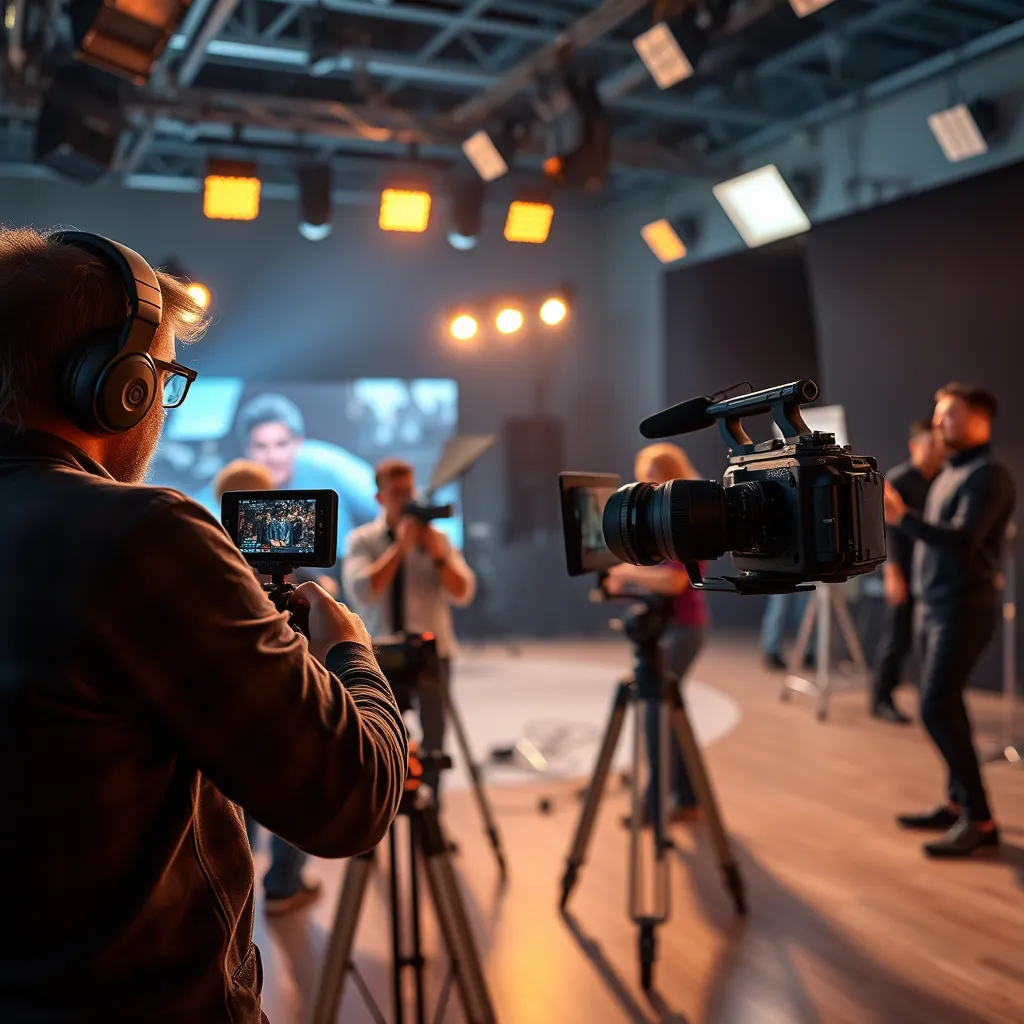 A professional film crew shooting a dynamic and visually appealing video in a studio setting. The scene should showcase advanced video production equipment, lighting, and camera angles, highlighting the technical aspects of creating high-quality video content.