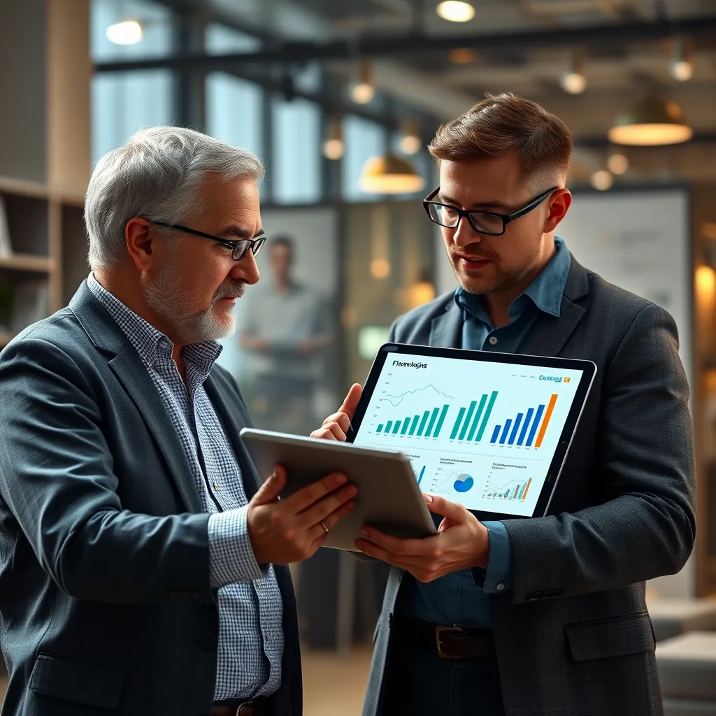 A professional financial advisor discussing financial goals and strategies with a business owner, using a digital tablet to display charts and graphs representing financial data and projections. The image conveys a sense of trust and expertise.