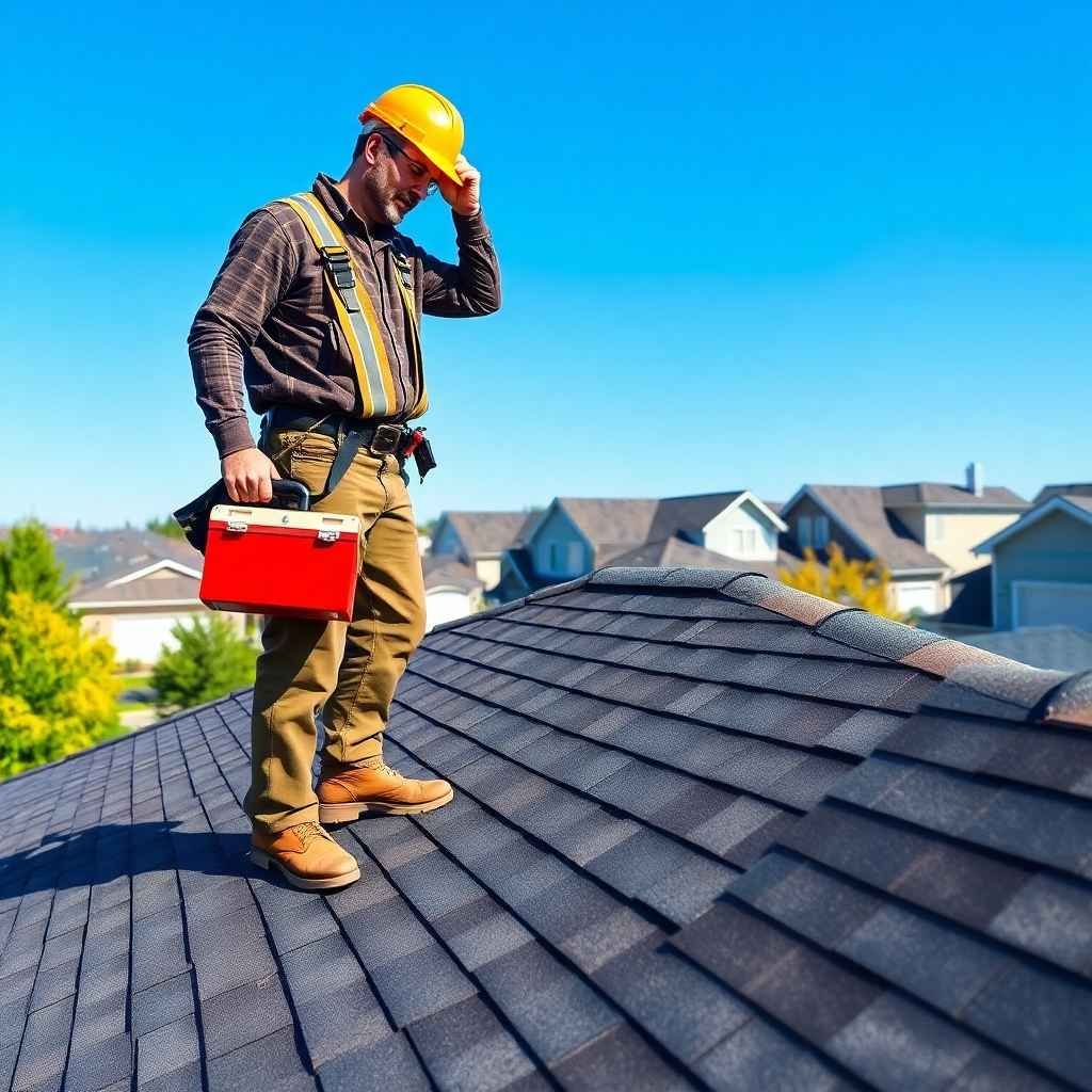 A professional handyman standing on a roof inspecting the shingles under a clear blue sky.  The roof is a traditional asphalt shingle roof with a slight slope.  The handyman is wearing safety gear and carrying a toolbox.  The background shows a typical suburban neighborhood with well-maintained houses.  The image should convey a sense of reliability, expertise, and safety. Rendered in 8K resolution with realistic textures and lighting.  Style: realistic, professional, trustworthy.