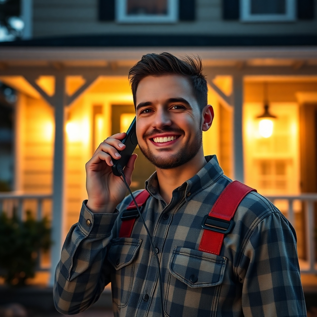 A professional handyman with a friendly smile is answering a phone call, standing in front of a well-maintained house with a glowing porch light, symbolizing the 24/7 availability and responsiveness of DTR Handyman.