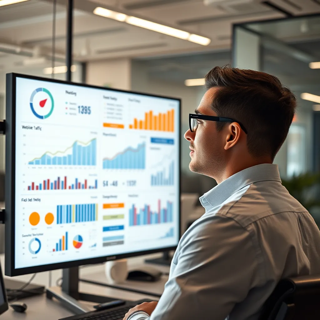 A professional in a modern office setting looking at a large monitor displaying data visualization charts and graphs. The charts should show positive growth trends and highlight important metrics like website traffic, lead generation, and social media engagement. The image should convey a sense of success and data-driven decision-making.
