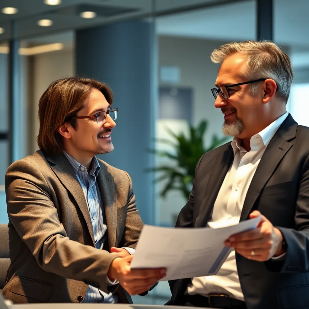 A professional insurance broker in a modern office setting, discussing insurance options with a client. The broker is wearing a suit and smiling, while the client is looking thoughtful and attentive. The image should convey trust and expertise.