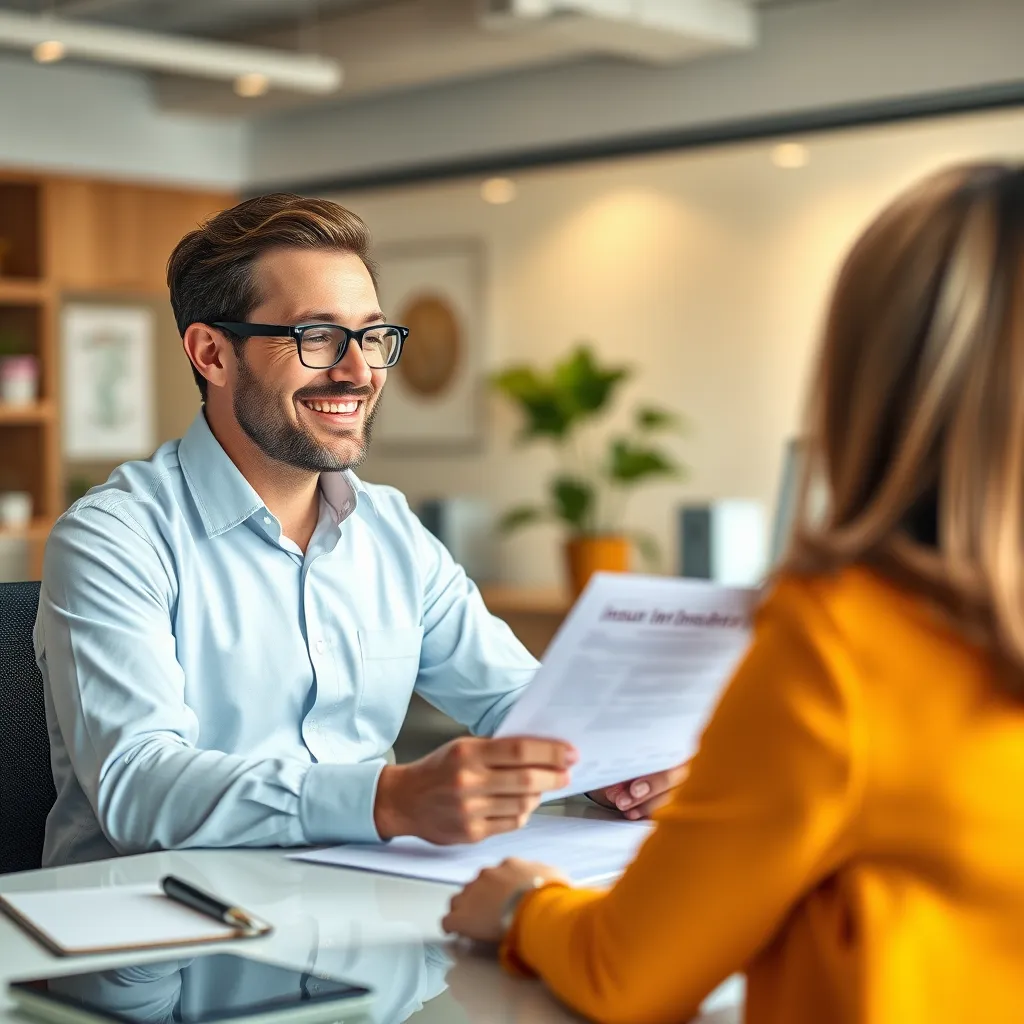 A professional insurance broker sitting at a desk,  smiling and talking to a client. The broker is holding a pen and a document with insurance details. The client is looking at the document attentively. The scene should be bright and welcoming, with a warm, inviting office in the background.