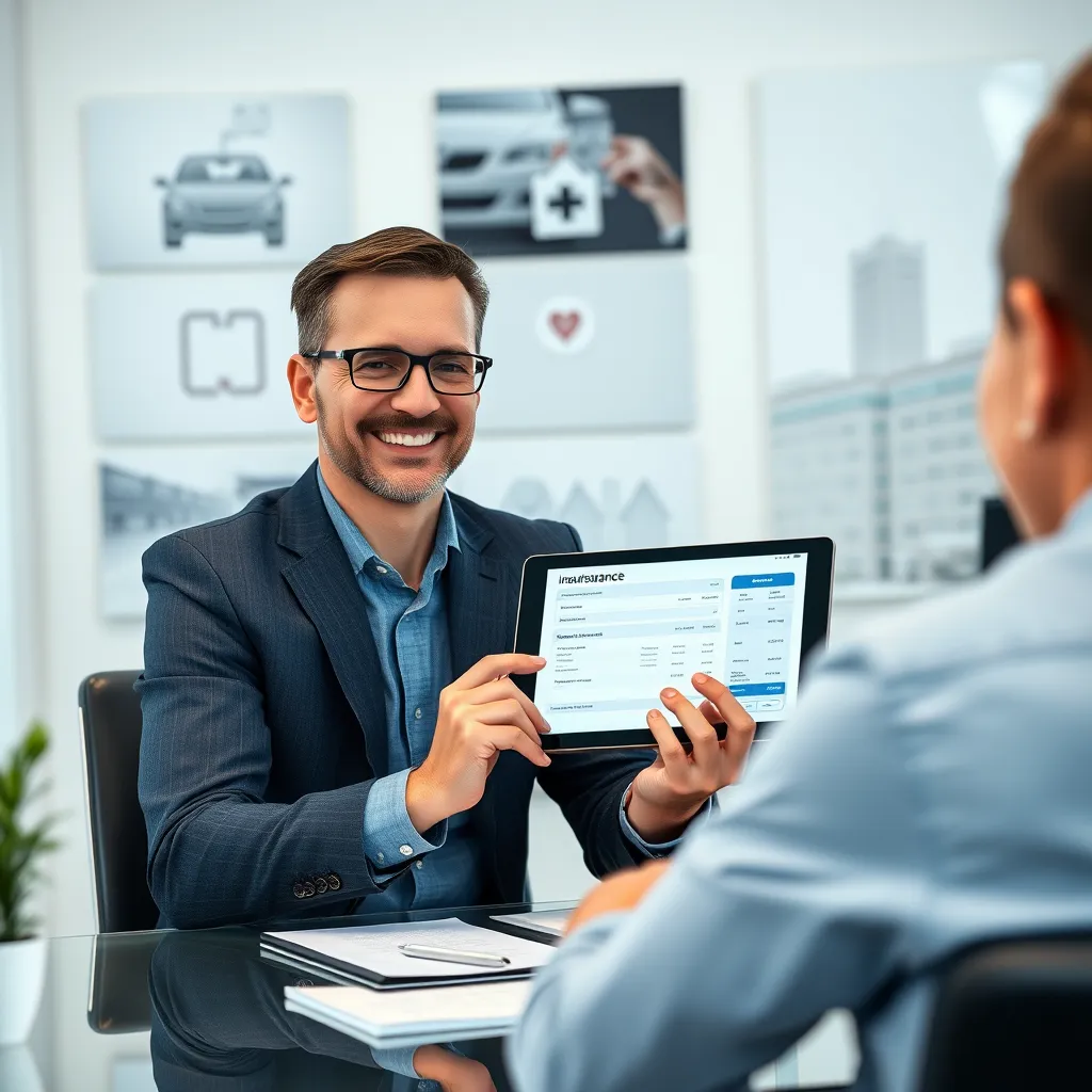A professional insurance broker sitting at a desk, smiling warmly at a client.  The broker is holding a tablet showing a personalized insurance quote. In the background, there are images representing various types of insurance: a car, a house, a medical symbol, and a business building.