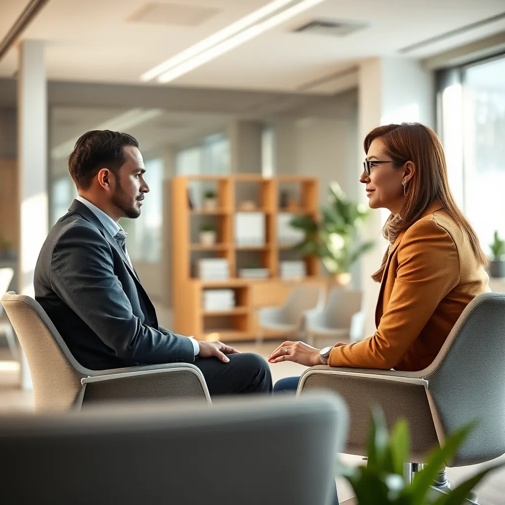 A professional interviewer conducting a one-on-one interview with a candidate in a brightly lit office. The image should capture the focus and attention of the interviewer while showcasing a comfortable and inviting atmosphere.