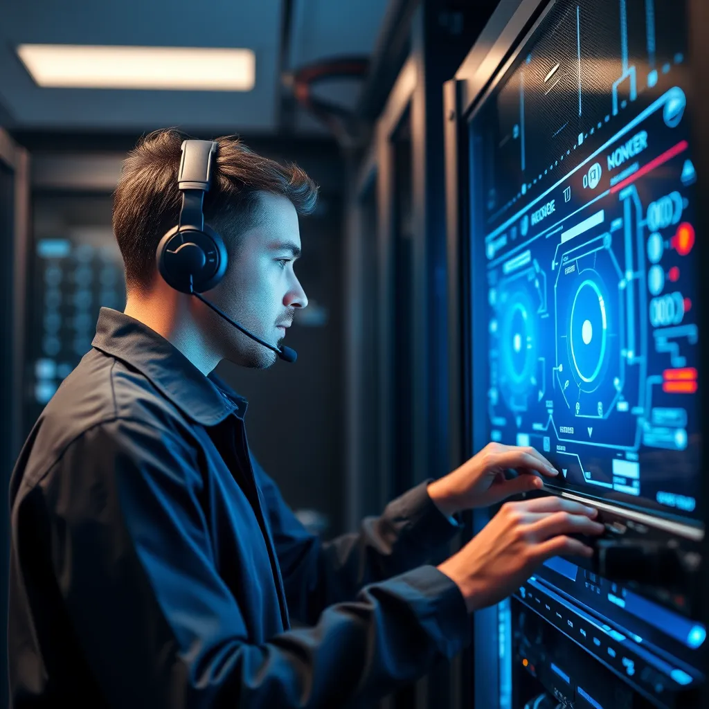 A professional IT technician wearing a headset and working on a server in a data center. The background should depict a futuristic and advanced technology environment with holographic displays and interconnected systems, emphasizing the innovative and reliable support provided by SAITS4U.