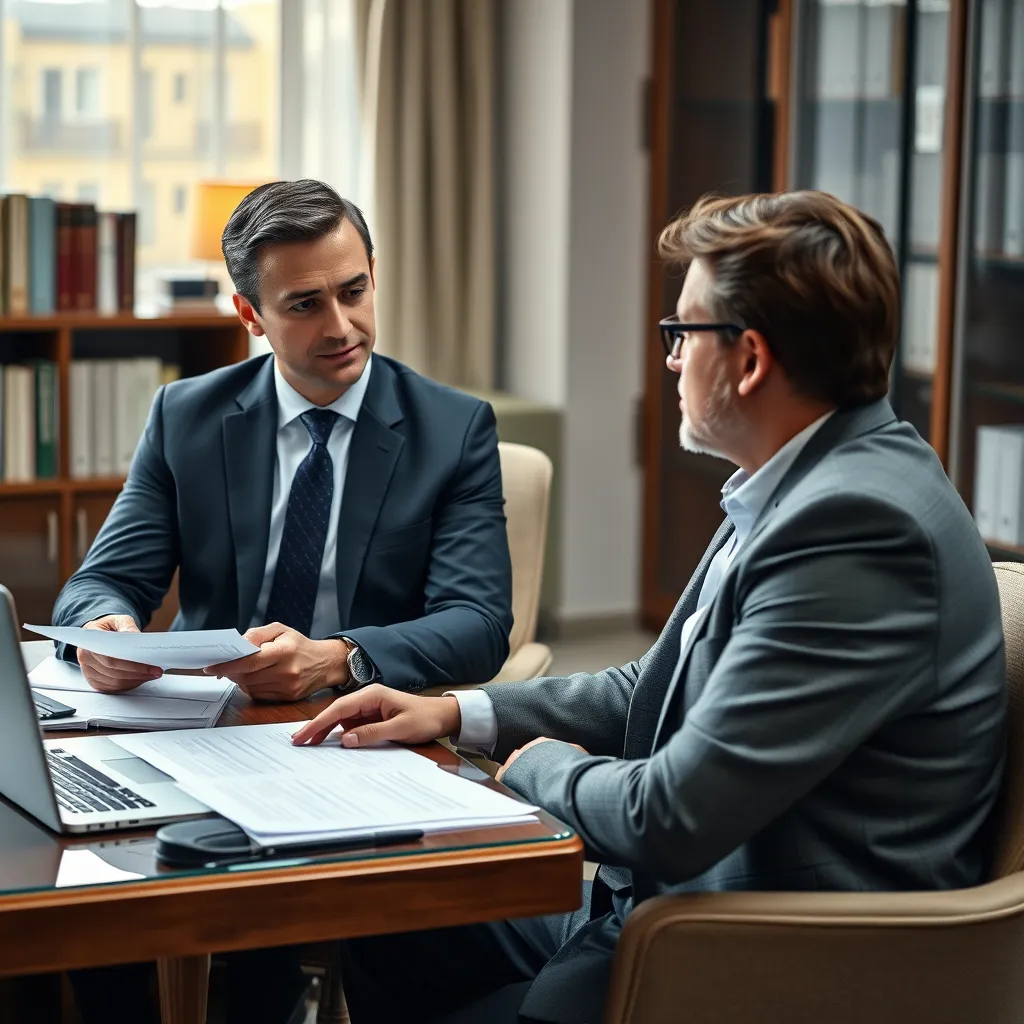 A professional-looking lawyer in a suit, sitting at a desk with legal documents and a laptop, explaining complex legal concepts to a client, who is seated opposite them, looking concerned but hopeful. The scene should be in a well-lit office with a warm, inviting atmosphere.