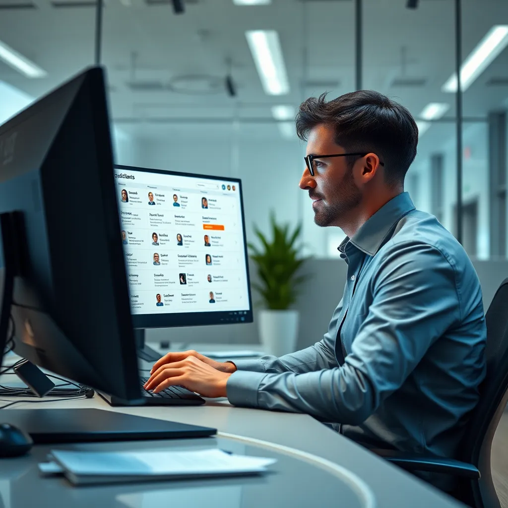 A professional-looking office setting with a recruiter using a computer to search for candidates on a job board website. The screen should display various profiles with relevant keywords highlighted. The image should convey a sense of efficiency and effectiveness.