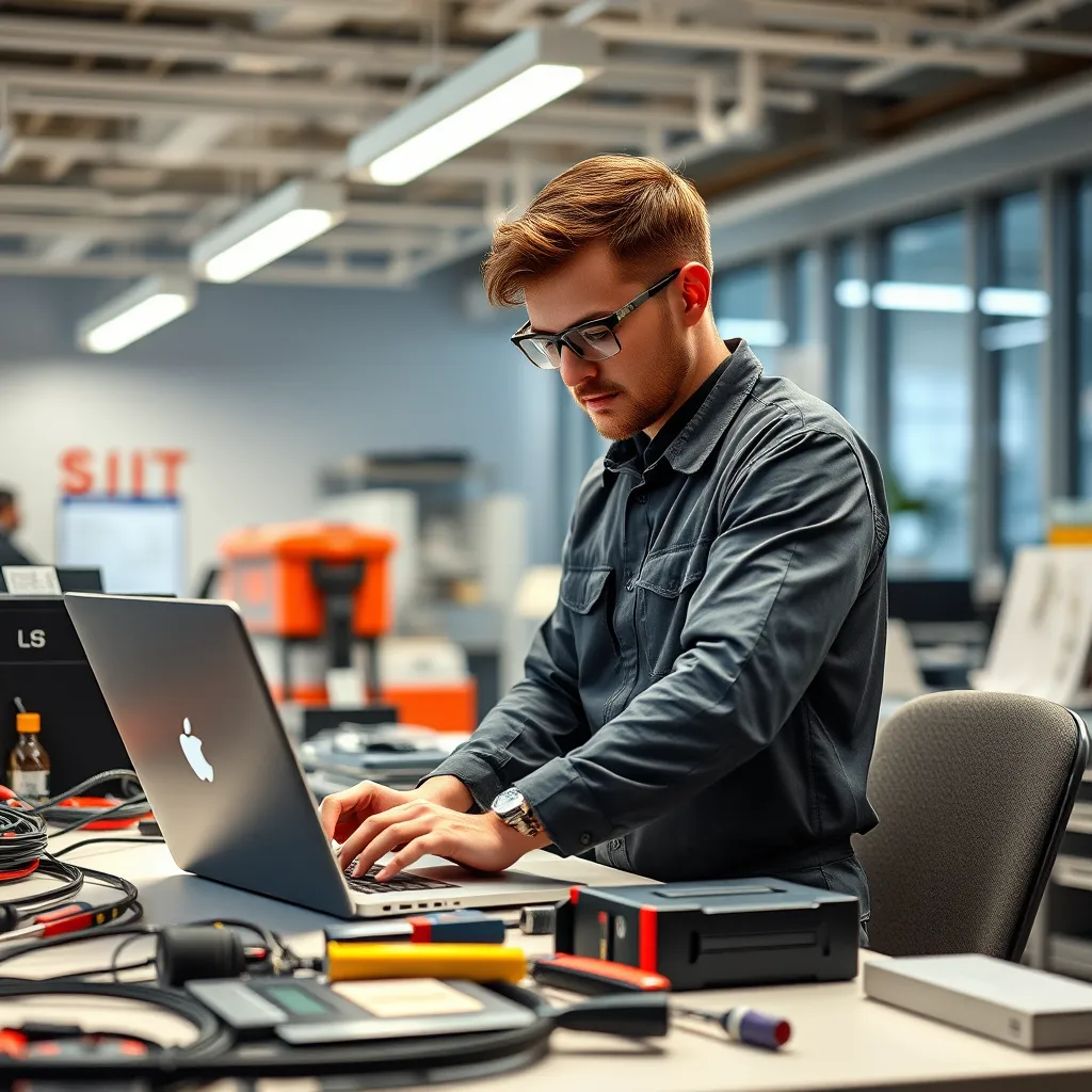 A professional-looking workspace with a technician wearing a uniform working on a laptop. Tools and equipment are neatly arranged around the technician. There is a bright, well-lit atmosphere. The background should be a clean, modern office environment.