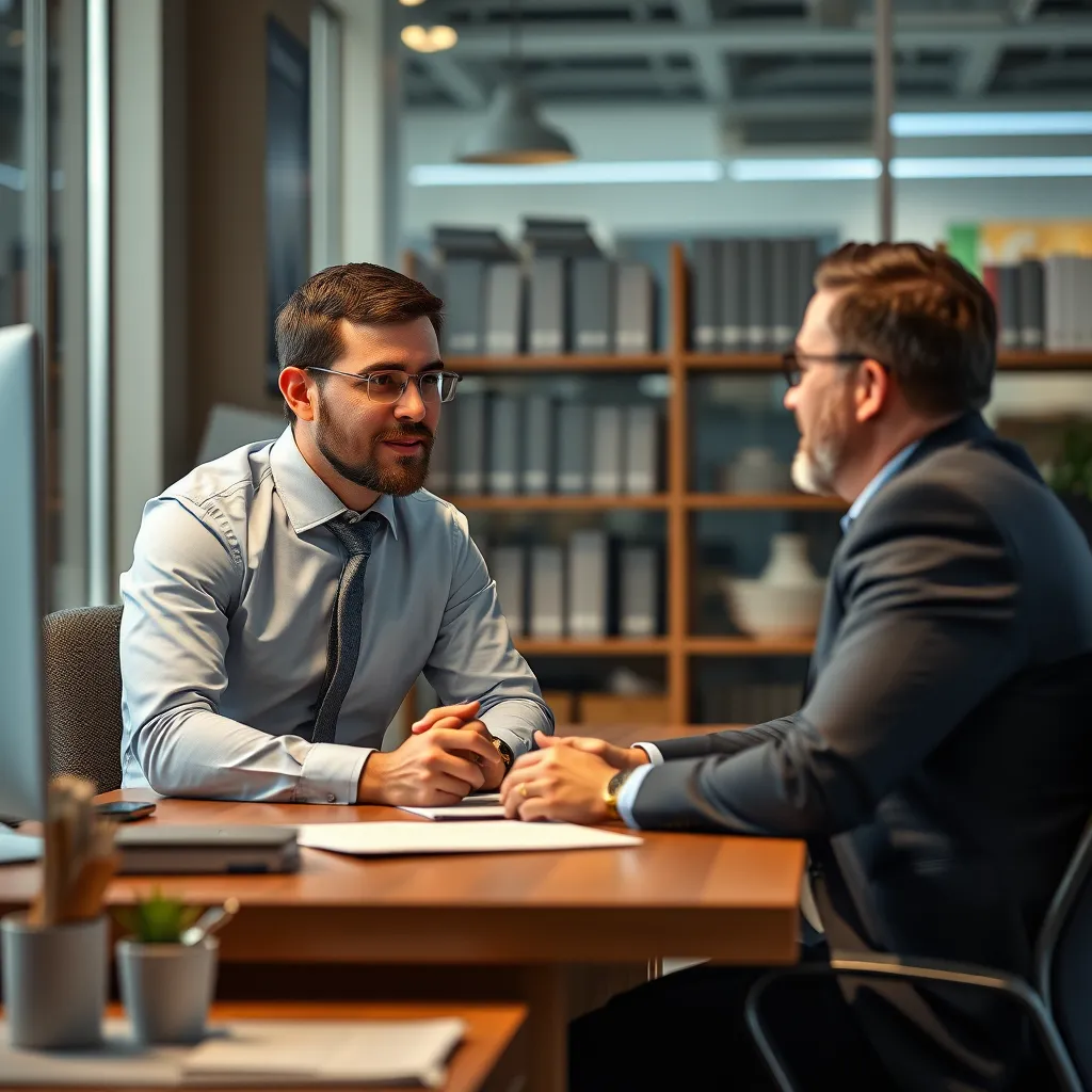 A professional SAITS4U representative sitting at a desk, engaging in a conversation with a business owner. They are discussing financial options and providing personalized advice to help the business succeed. The image should convey a sense of trust, expertise, and commitment to customer success.
