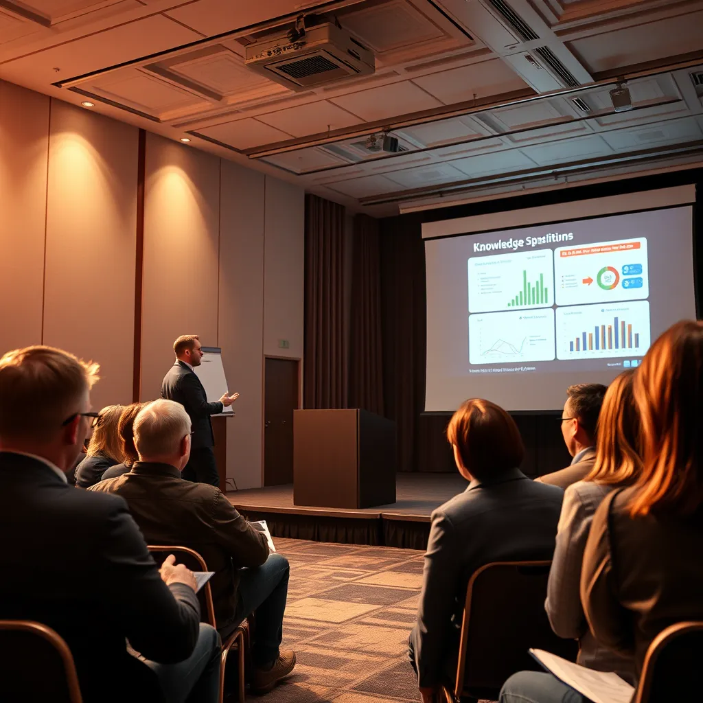 A professional speaker delivering a presentation on a stage with a projector displaying compelling graphics and data, accompanied by a supportive audience listening attentively and taking notes. The overall atmosphere should convey knowledge sharing and thought leadership.
