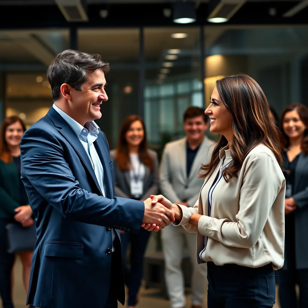A recruiter shaking hands with a newly hired candidate in a welcoming office setting. The image should convey a sense of partnership, support, and a positive hiring experience.  Behind them, a team of colleagues smiles warmly, creating a welcoming and inclusive atmosphere.