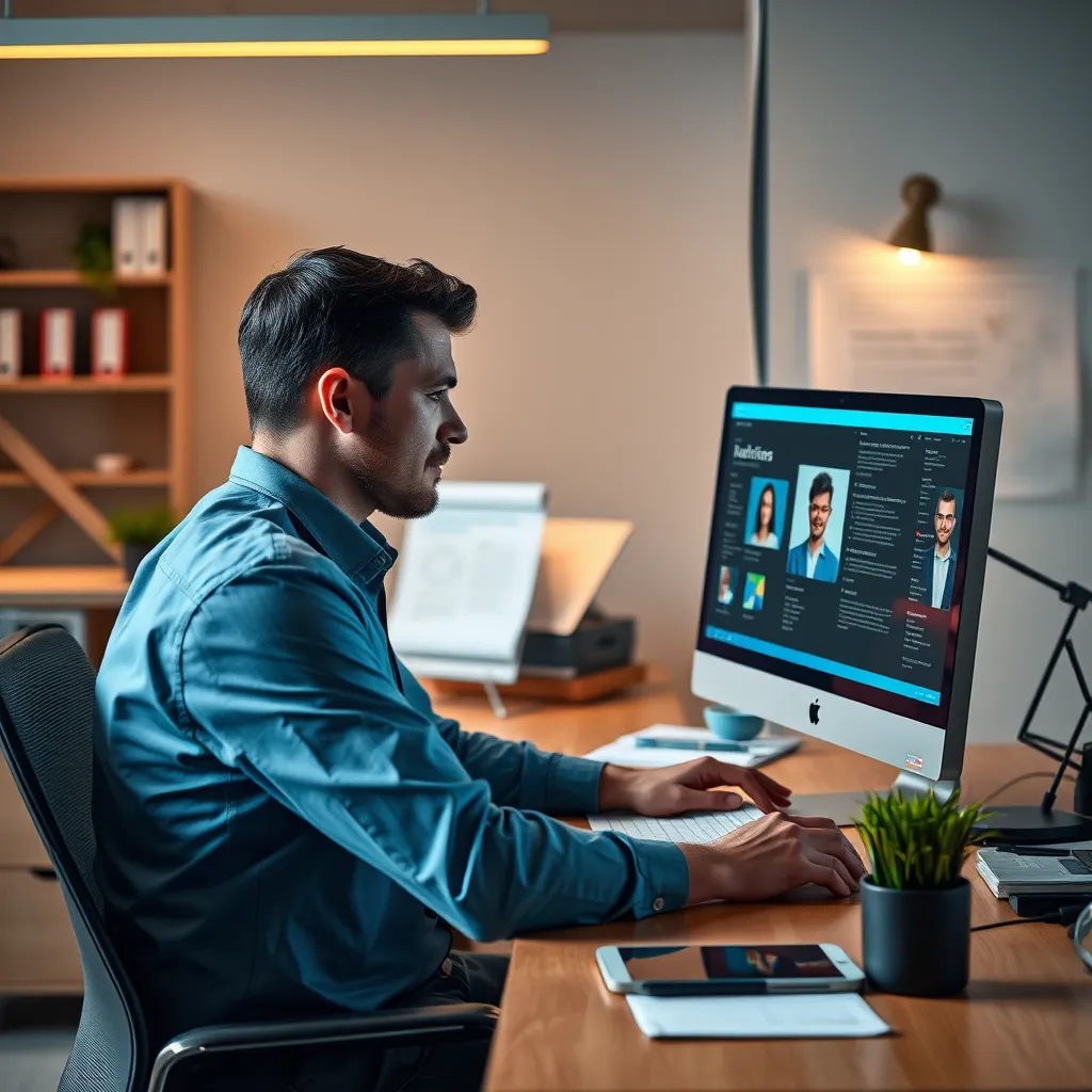 A recruiter sitting at a desk, carefully reviewing candidate profiles on a computer screen. The image should depict a visually appealing and professional workspace with relevant documents and tools. The recruiter's facial expression should convey attentiveness and a focus on finding the ideal match.